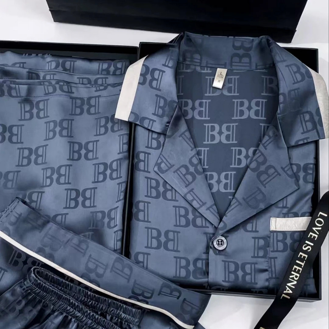 Homewear Men's Pajamas Inspired High End Ice Silk Printed Long Sleeve Thin Jacquard Loungewear Lightweight Cozy Skin Friendly