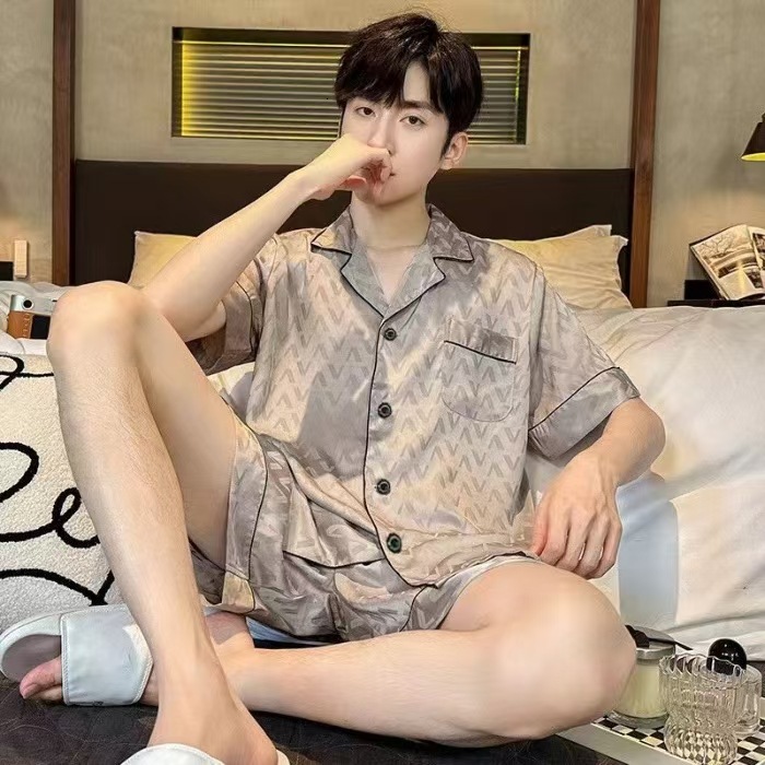 Men's Pajamas Summer Plus Size Ice Silk Short Sleeve Shorts Lightweight Breathable Comfortable Casual Homewear Set