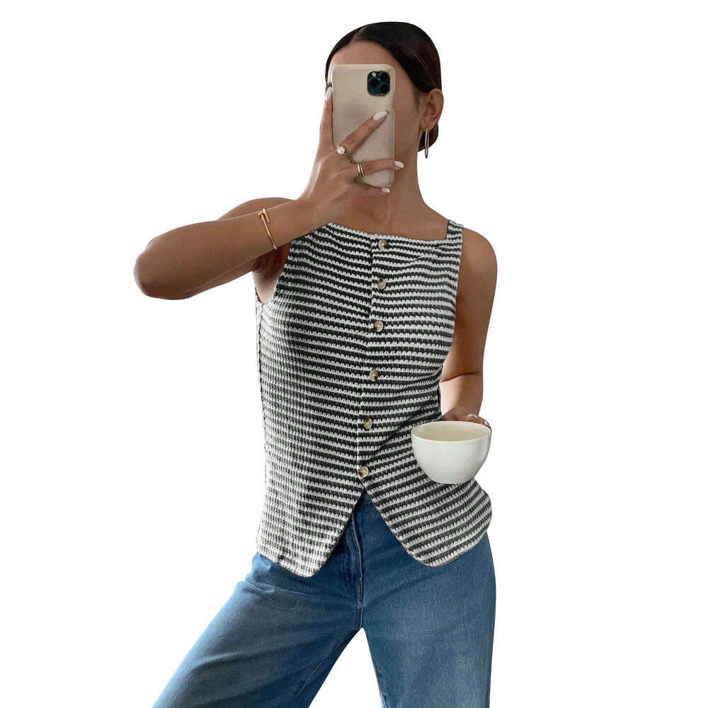 2026 designer summer new European and American women's casual button s4 up sleeveless vest top