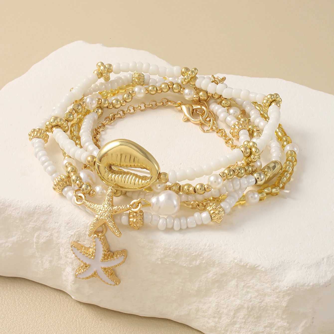 Vintage Seed Bead Stacked Set Starfish Shell Embellishment Elegant Womens Summer Beach Party Ideal Jewelry H260325 - view 3