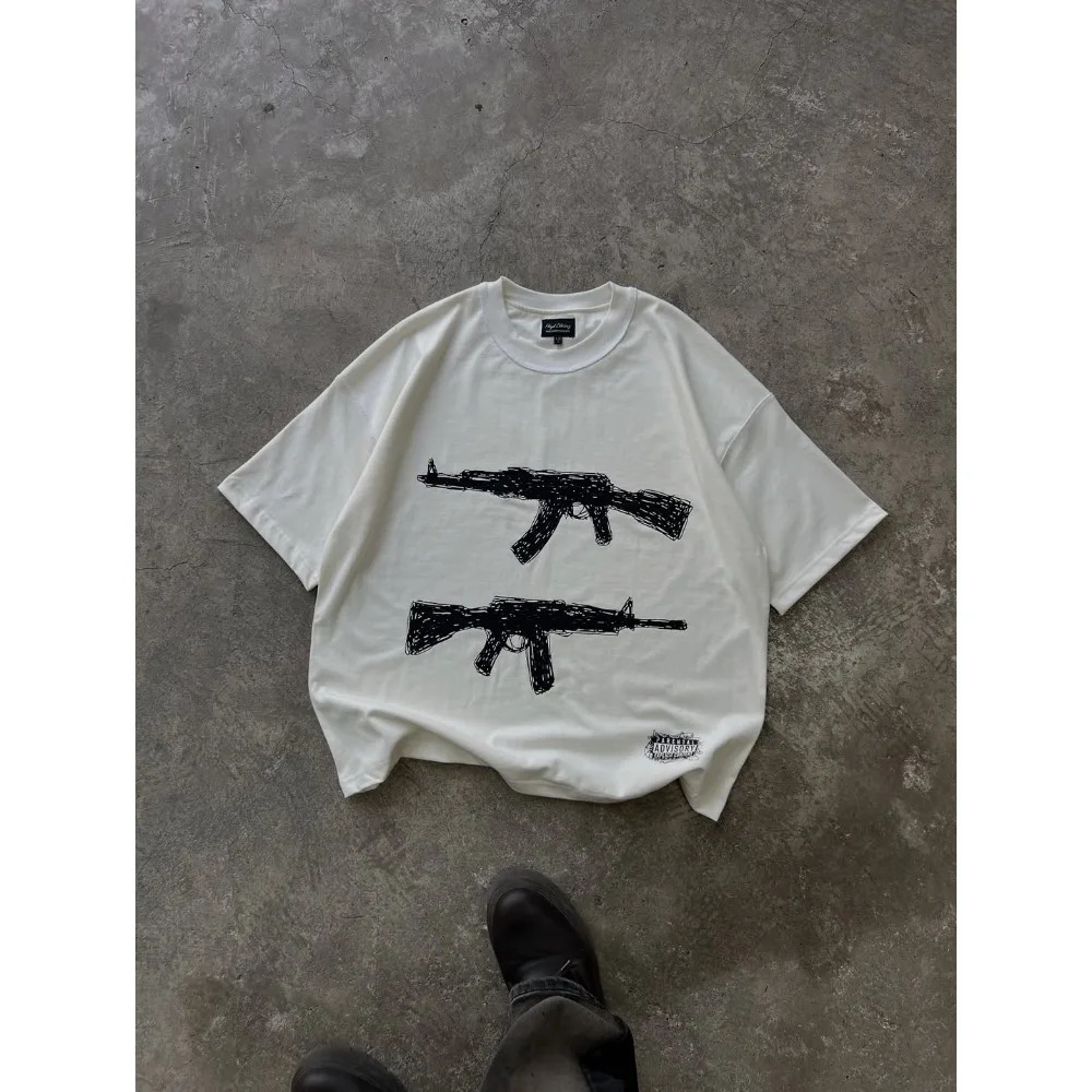 American Super Cool Pistol Pattern Printed Oversized T-shirt Womens Y2K Street Hip Hop Harajuku Loose Hooded Short Sleeve 260321