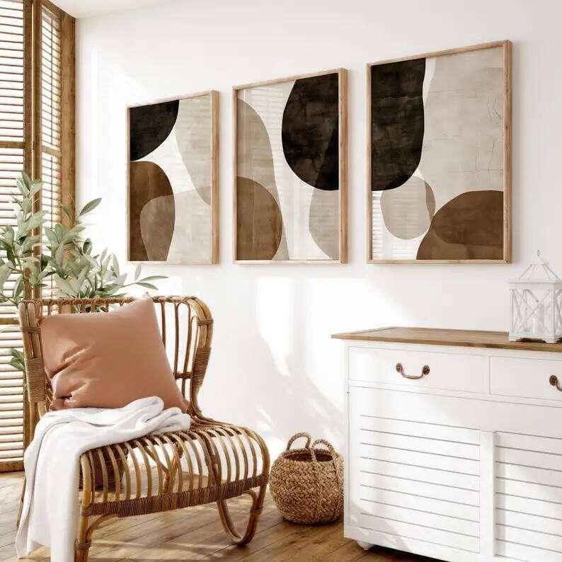 3pcs Abstract Emerald Beige Organic Shape Canvas Art, Unframed Brown Gallery Wall Decor, Living Room and Bedroom Decortion 26Y0325