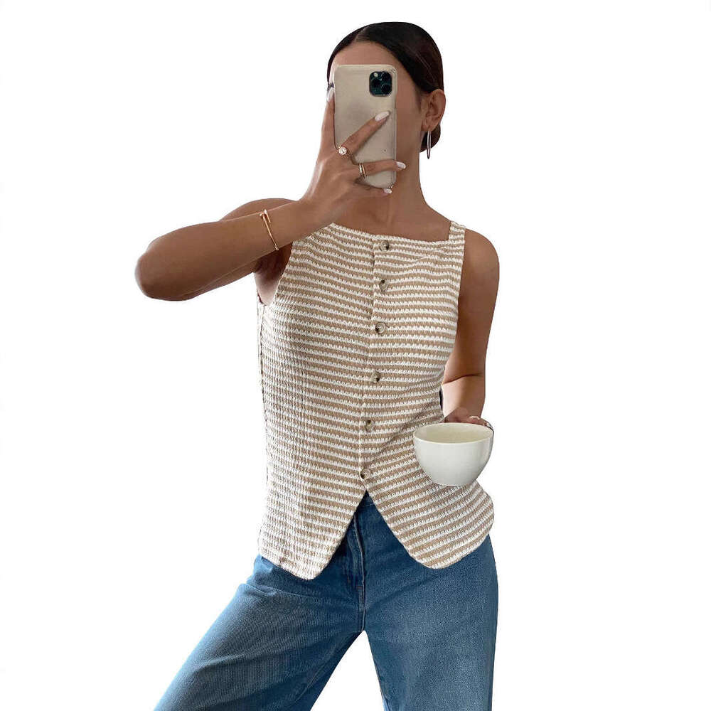 2026 designer summer new European and American women's casual button s4 up sleeveless vest top