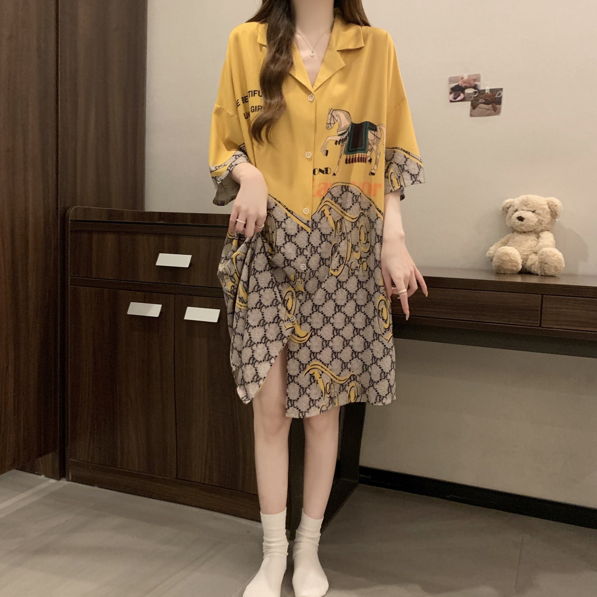 Home wear Women's Pajamas Spring Summer Ice Silk High End Cardigan Style Loungewear Set Soft Breathable Lightweight Comfortable Orange