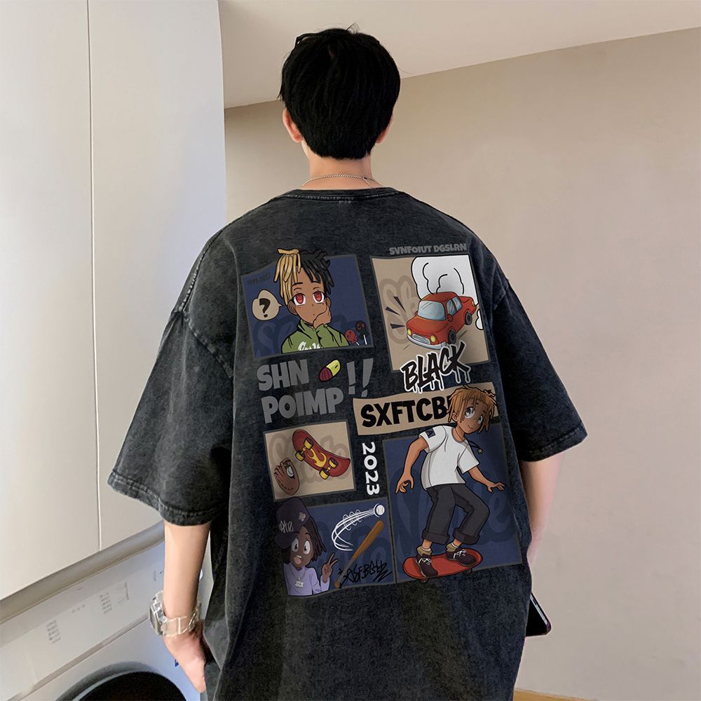 Men's American Oversized Versatile INS Streetwear Distressed Washed Tees | Spring Summer Cotton T-Shirts with Designer Wing Print