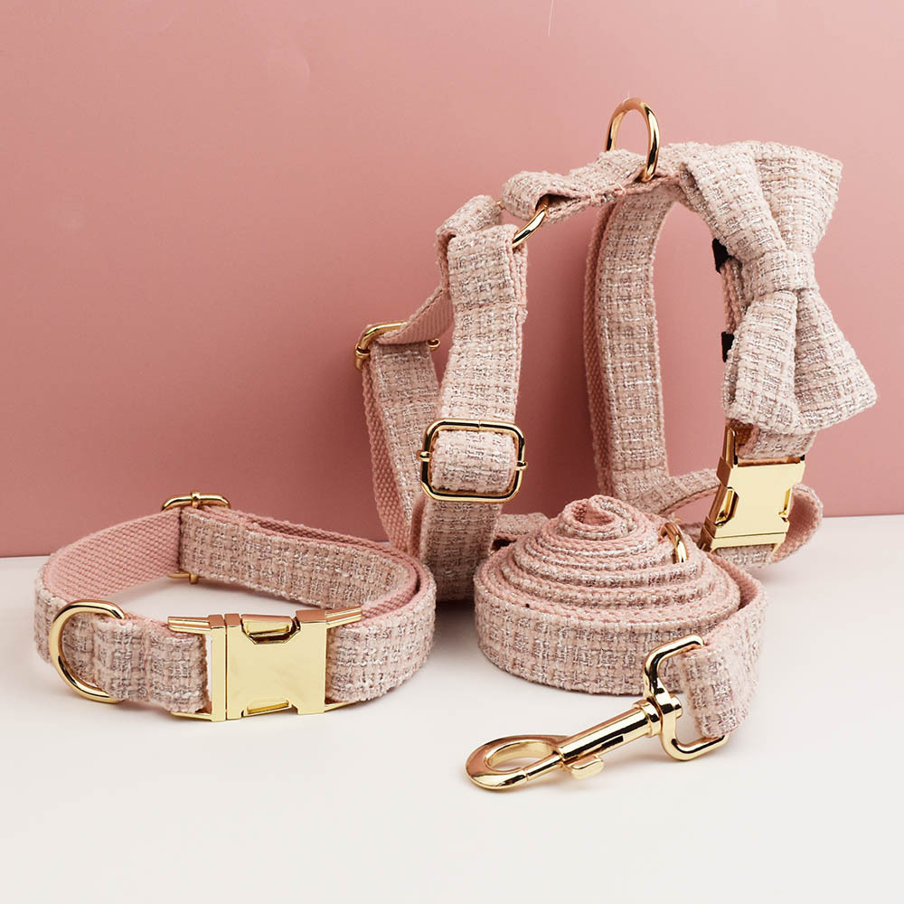 Pet Collar Set Light Camellia Style Luxury Vest Dog Leash Set Engravable Durable For Small Dogs Cats Pink Color