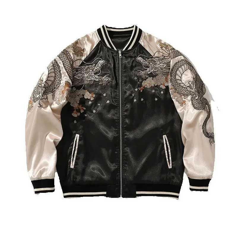 Mens Bomber Jacket Satin Dragon Phoenix Embroidery Casual Streetwear Spring Autumn Stand Collar Fashion Outerwear Sukajan C260325
