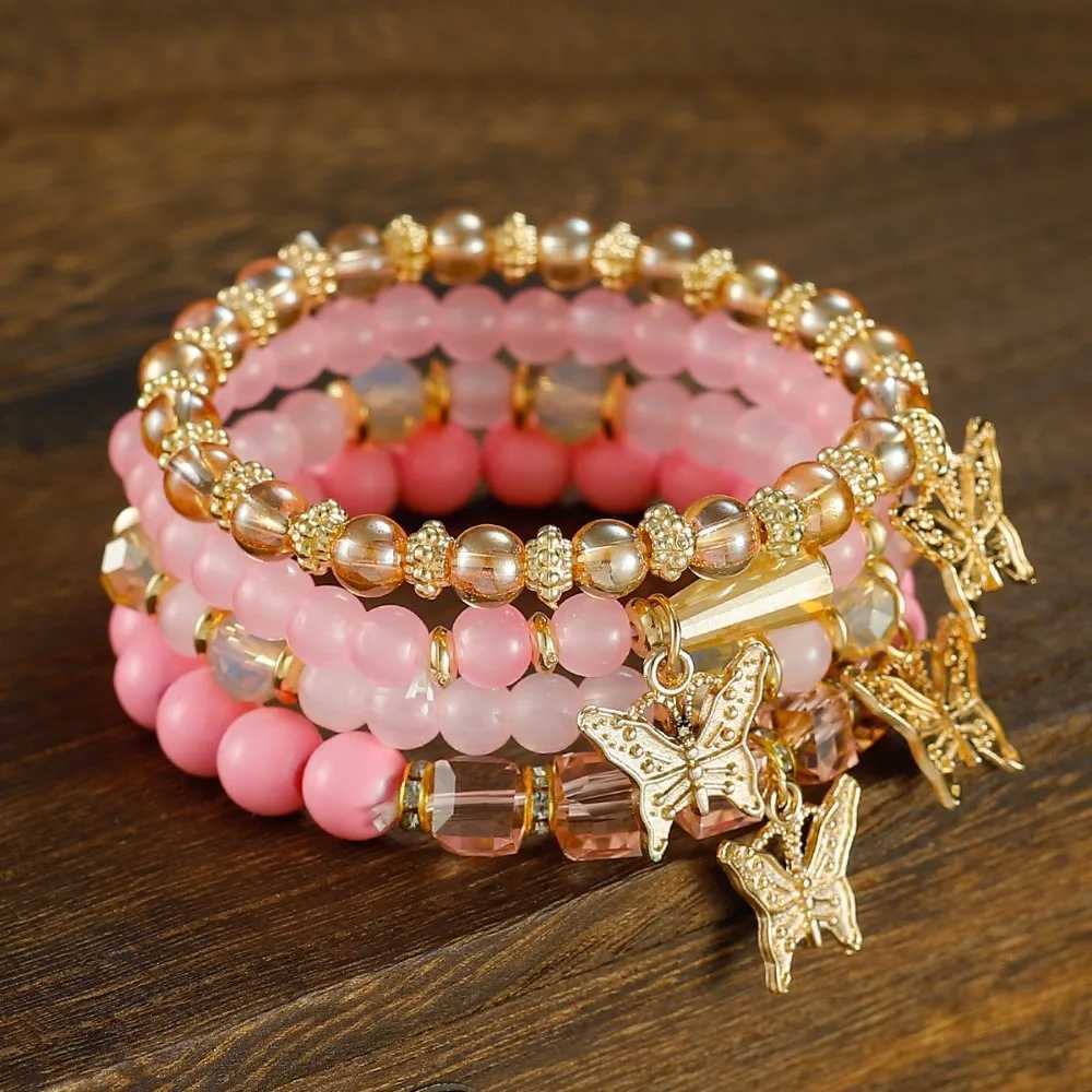 4pcs Set Bohemia Exquisite Acrylic Beaded Crystal Butterfly for Women Charm Multilayer Pearl Bangle Jewelry Friend Gift H260325 - view 5