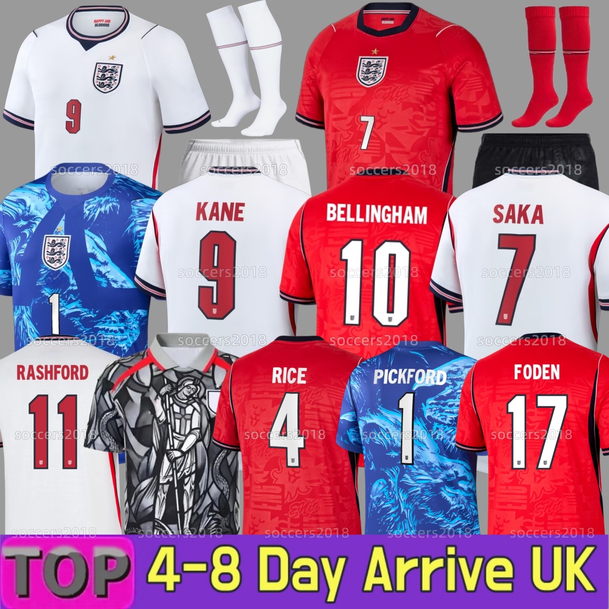 2026 England World Cup Soccer Jersey KANE SAKA BELLINGHAM RICE ROGERS RICE PICKFORD FODEN GORDON PALMER RASHFORD 25 26 27 Home National Team Football Shirt kids kit