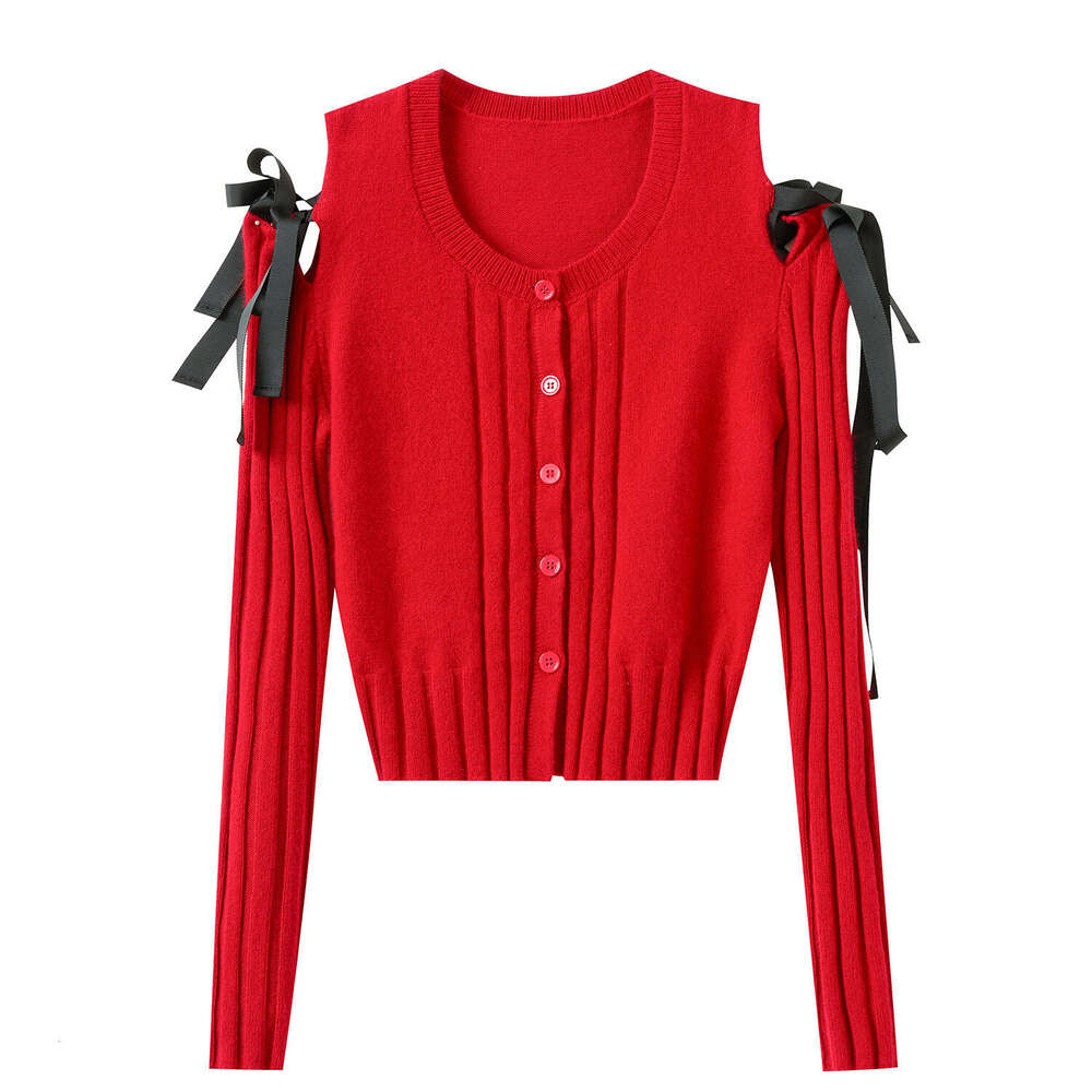 2026 autumn and winter new k30 designer red romantic bow knitted cardigan with diamond decoration for women loose fit