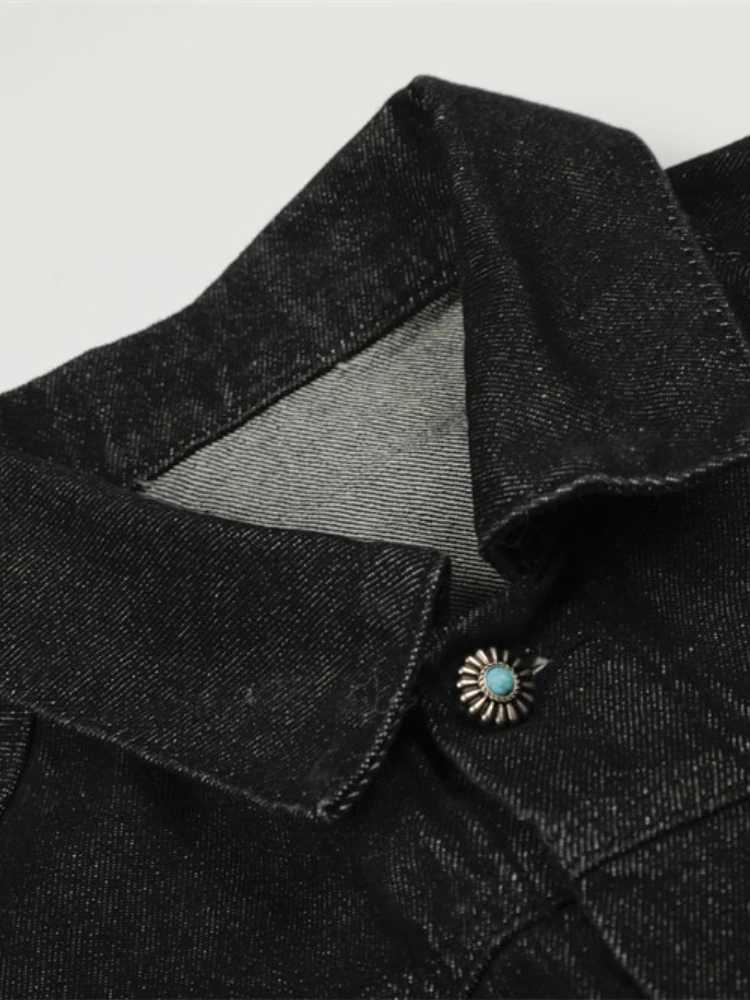 Mens Jacket Punk Vintage Streetwear Black Denim Short Coat Metal Buckle Studded Design Pleated Detail Retro Cool Hip Hop Fashion C260325