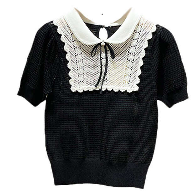 k30 2026 summer new designer doll collar lace hollow out loose and elegant short sleeved knitted top