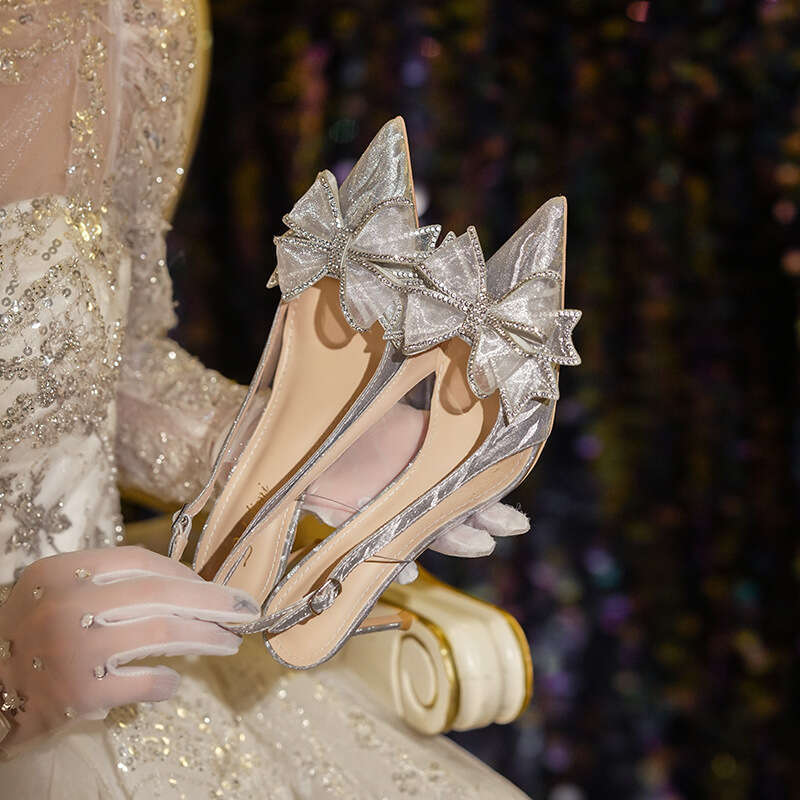 Style Crystal High Heels With Bowknot Wedding Rhinestone Pointed Toe Stiletto Summer Women's Sandals Gold Bridal Shoes