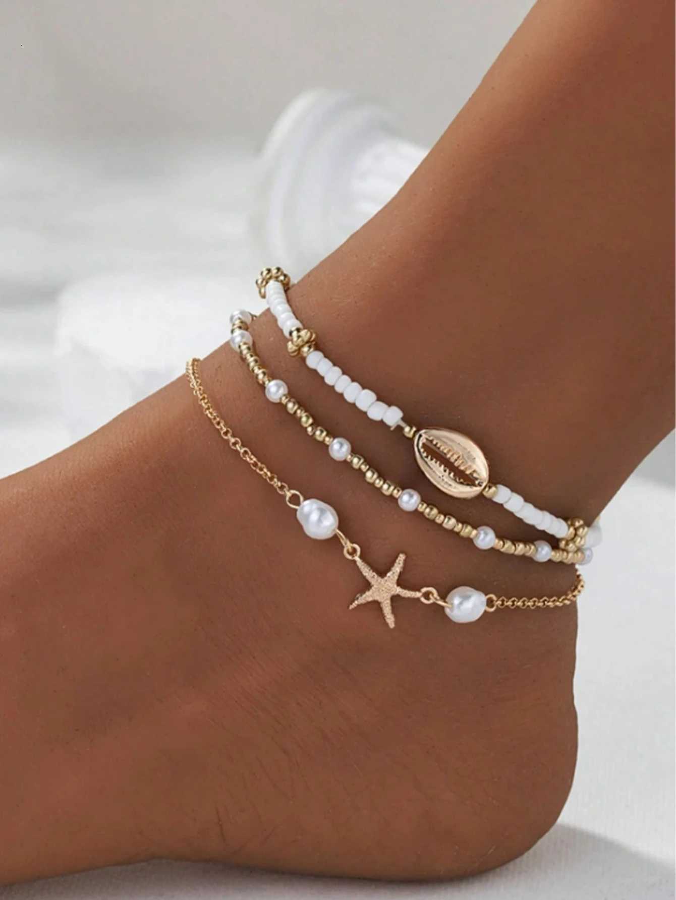 Beaded Anklet Set for Women 3-Piece Summer Beach Style Starfish and Shell Charms Vacation Daily Wear Alloy Plating No Mos H260325 - view 4