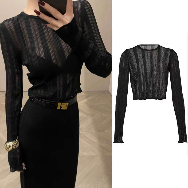 Lazy style hollow short s4 style 2026 autumn niche design thin transparent shirt ribbed elastic elegant shirt