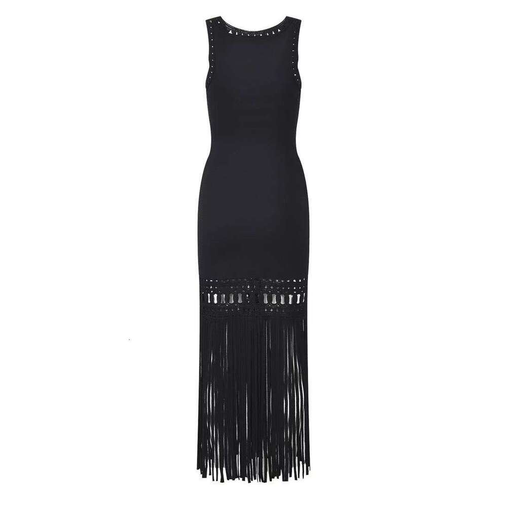 2026 s4 Spring Designer Elegant and Fashionable Black Sexy Hollow Knitted Tassel Women's Sleeveless Dress