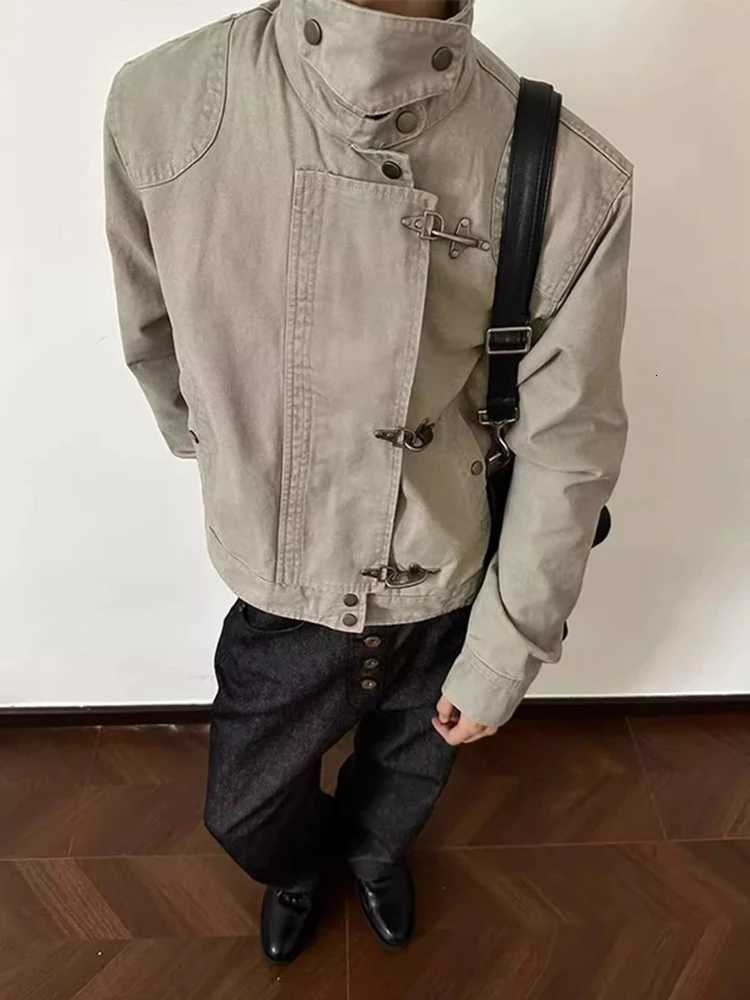 Vintage Airplane Buckle Stand Collar Coat Men Washed Jacket Cropped Oversized Cargo Outerwear Spring Fall Distressed Jacket C260325