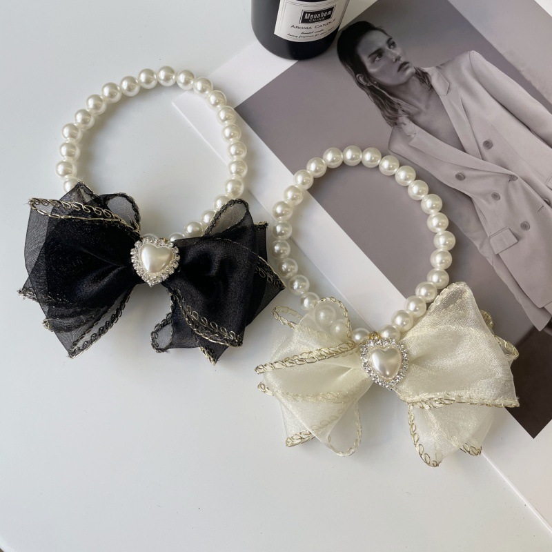 Pet Collar Designer Mesh Bow Pearl Inlaid Diamond Handmade Gold Thread Edge Cute For Cats Small Dogs