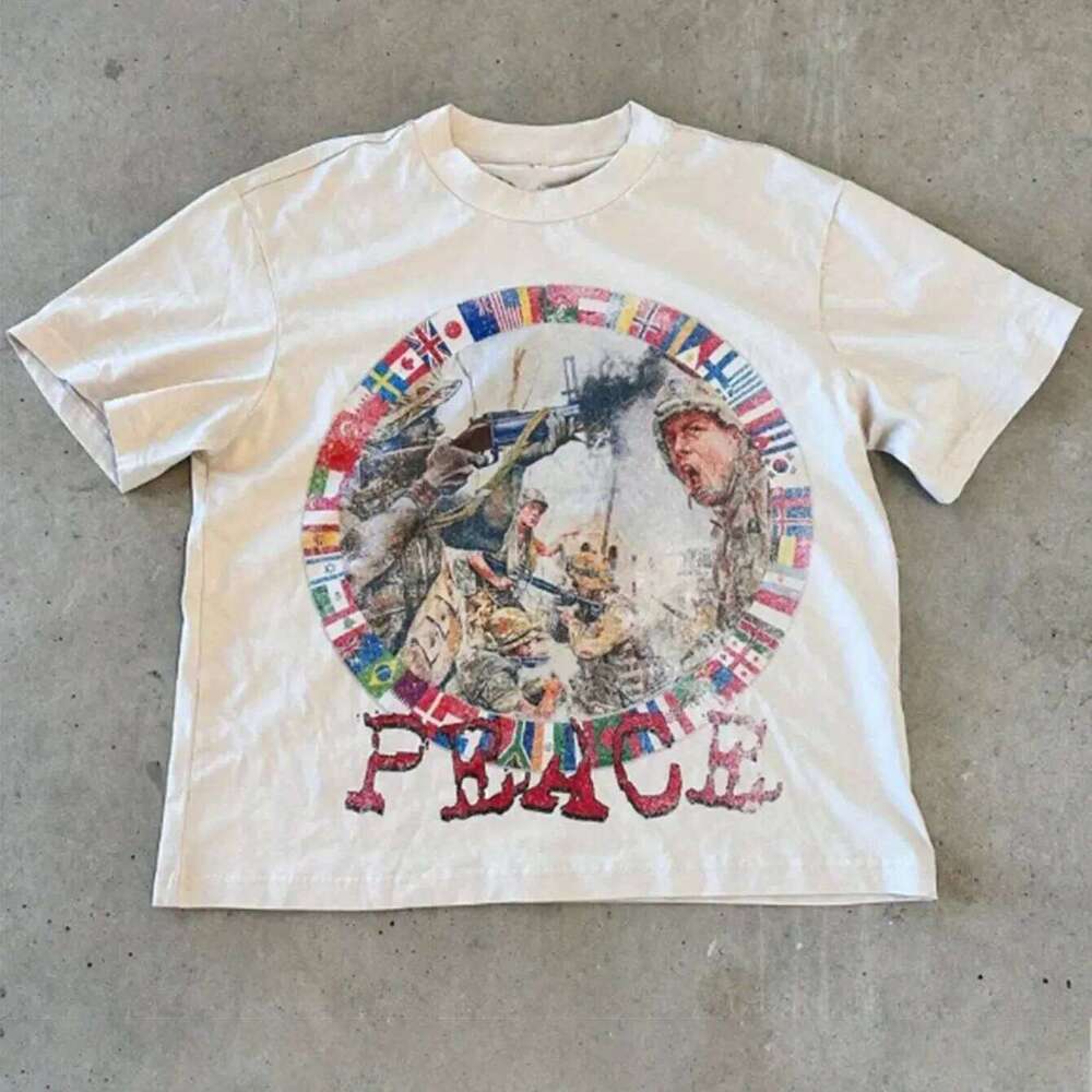 Peace in The War Pattern Print Summer New Men and Women Pure Cotton Retro Fashion Streetwear 26L0325