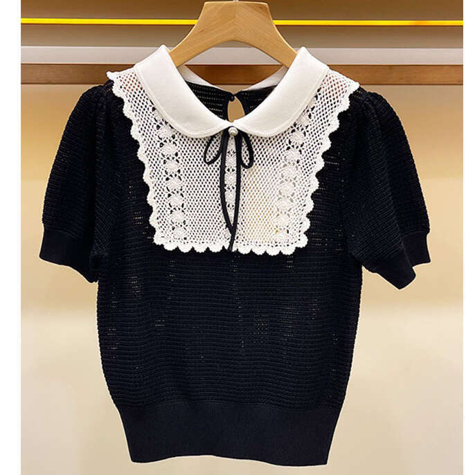 k30 2026 summer new designer doll collar lace hollow out loose and elegant short sleeved knitted top