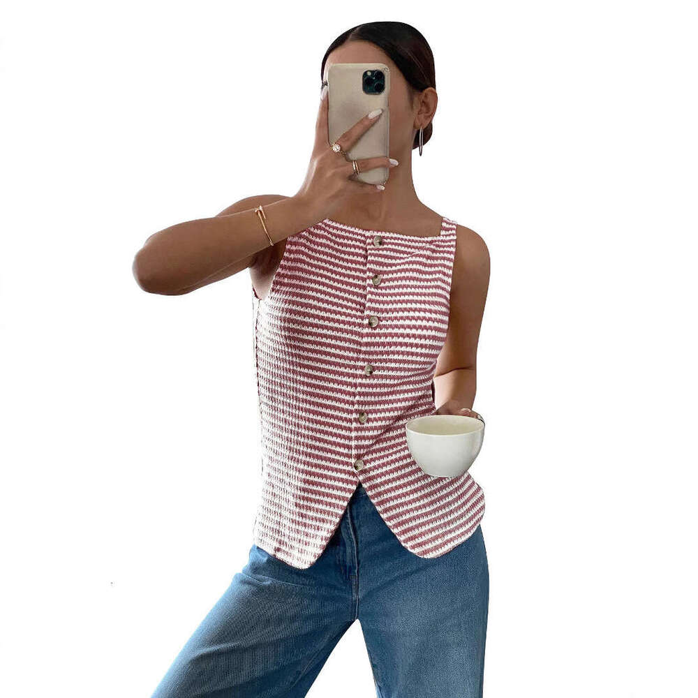 2026 designer summer new European and American women's casual button s4 up sleeveless vest top