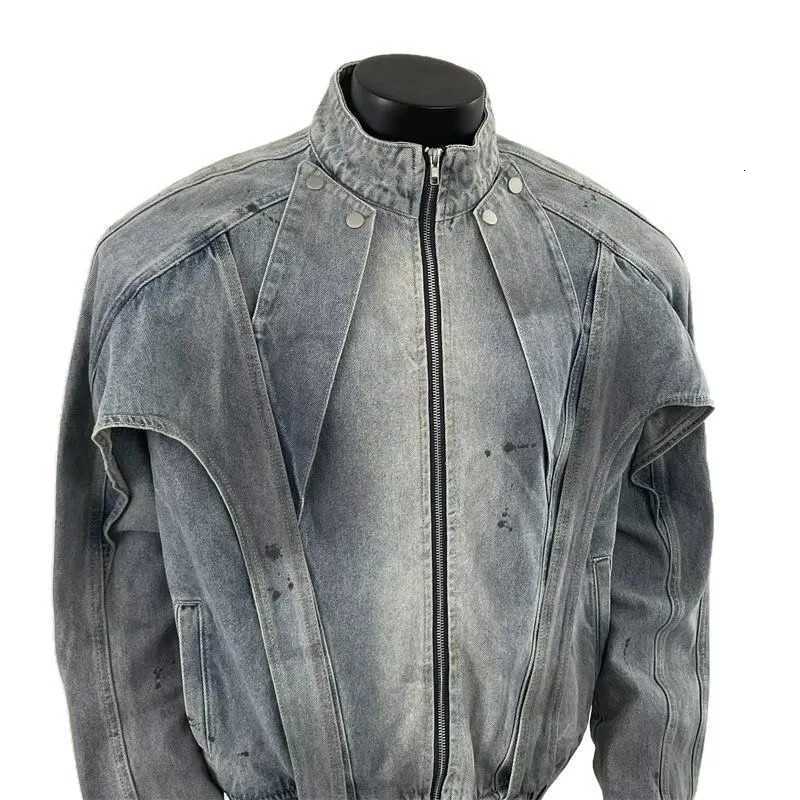 Distressed Dirty Denim Jacket Men American Vibe Deconstructed Stand Collar Coat Spring Autumn Loose Workwear Street Fashion C260325