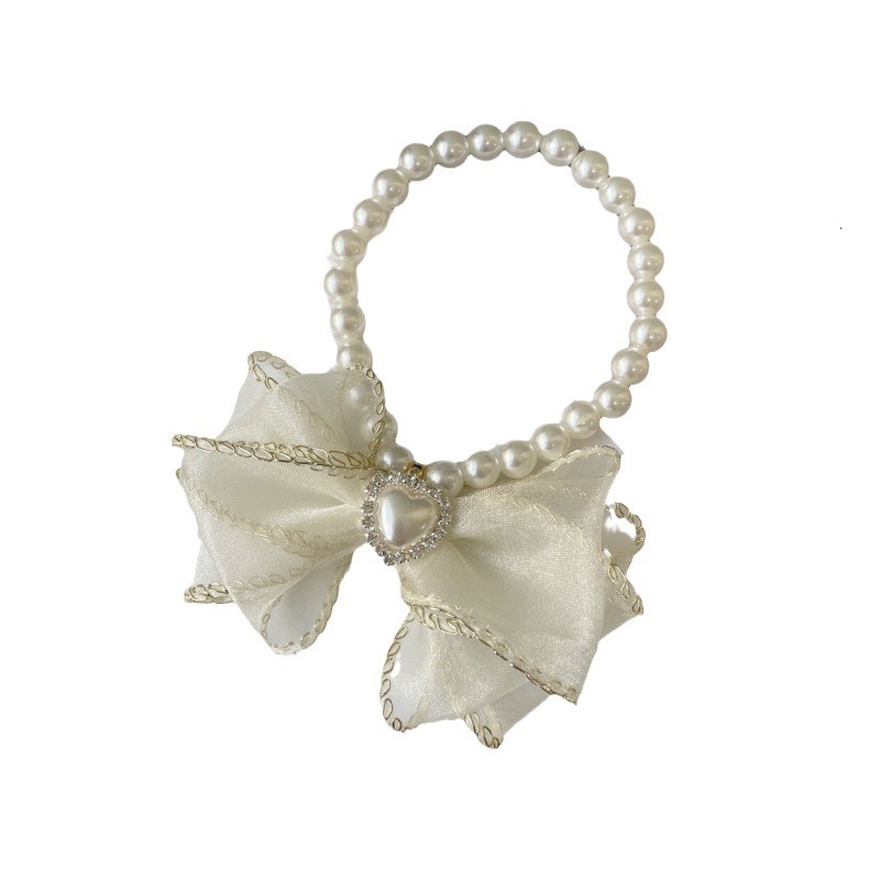Pet Collar Designer Mesh Bow Pearl Inlaid Diamond Handmade Gold Thread Edge Cute For Cats Small Dogs