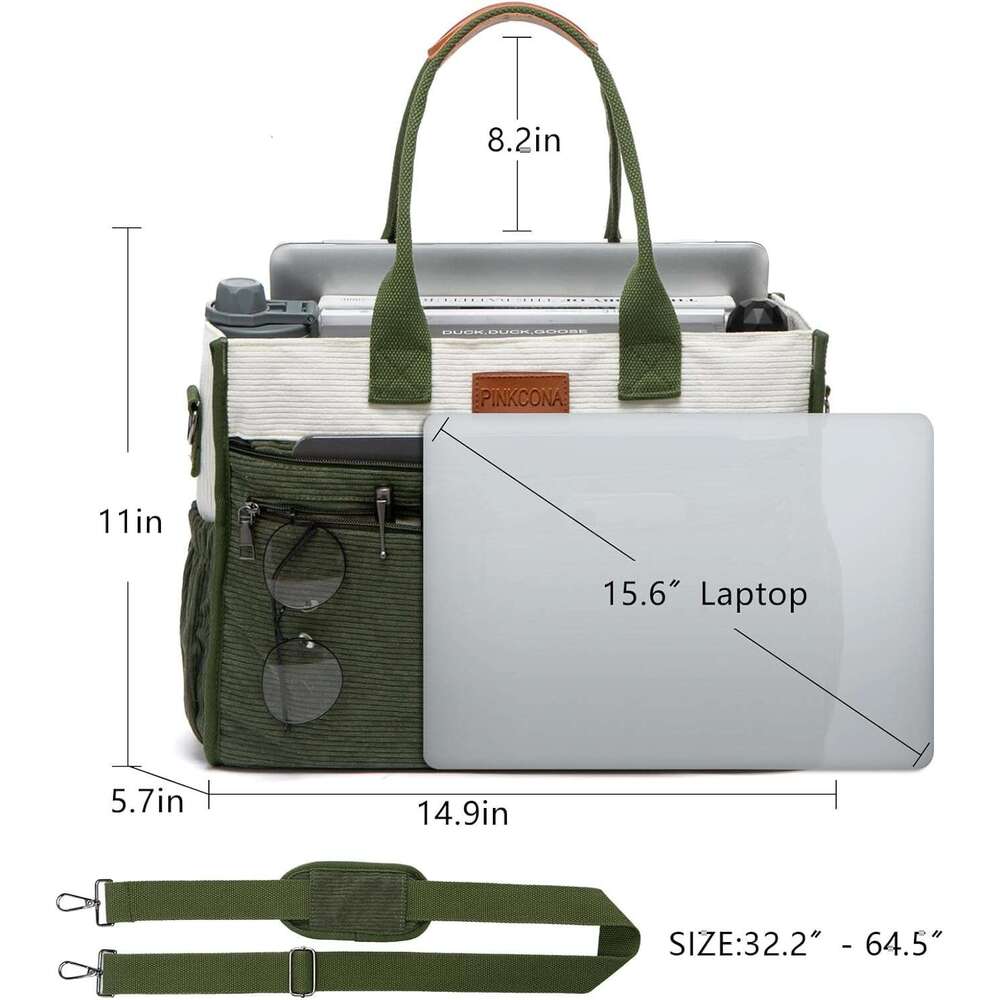 Corduroy Tote for Women 2Pcs Set, 14-Pocket Lightweight Laptop Work Tote, Teacher & College Travel Crossbody Bag