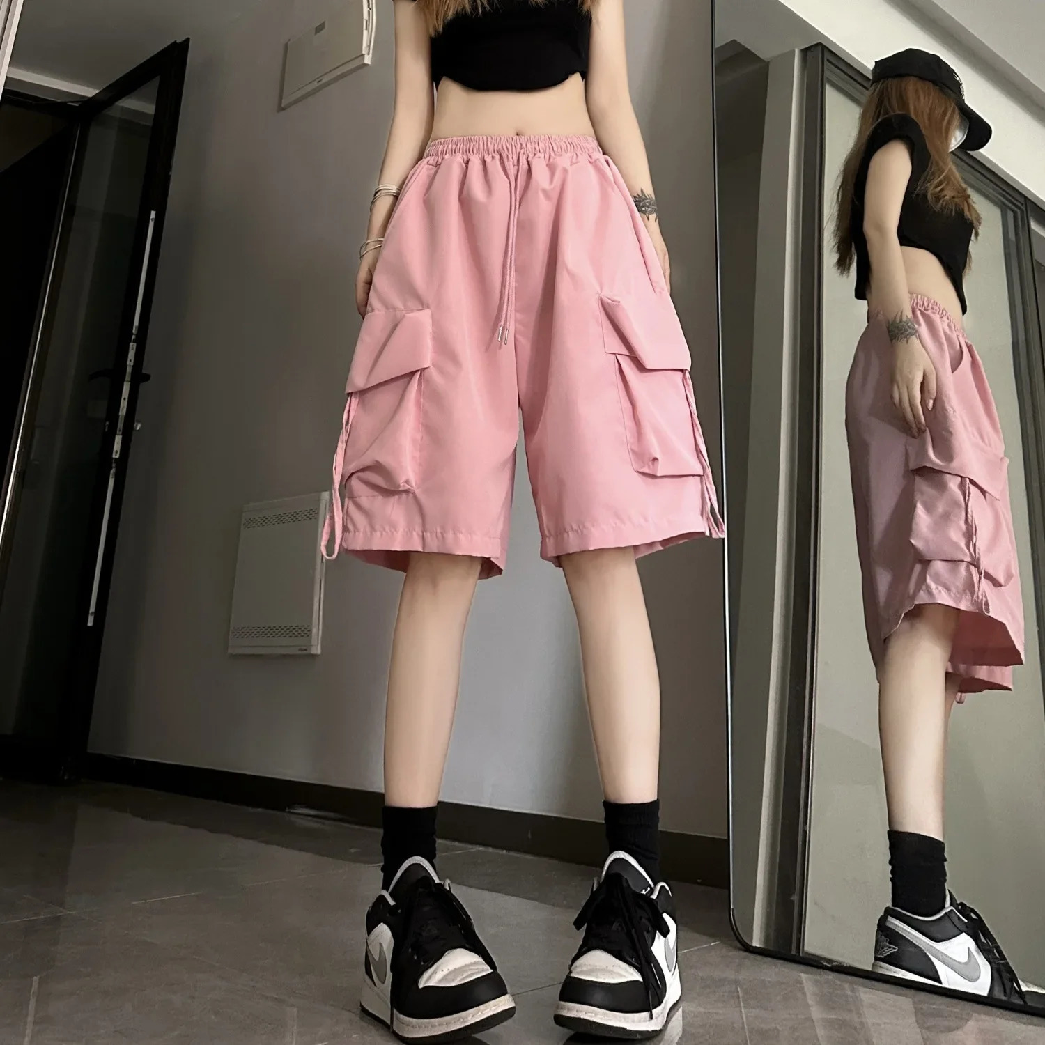 Y2K Cargo Short Harajuku Black Oversized Wide Leg Shorts Summer Streetwear Fashion High Waist Baggy Pants 2025 y260312