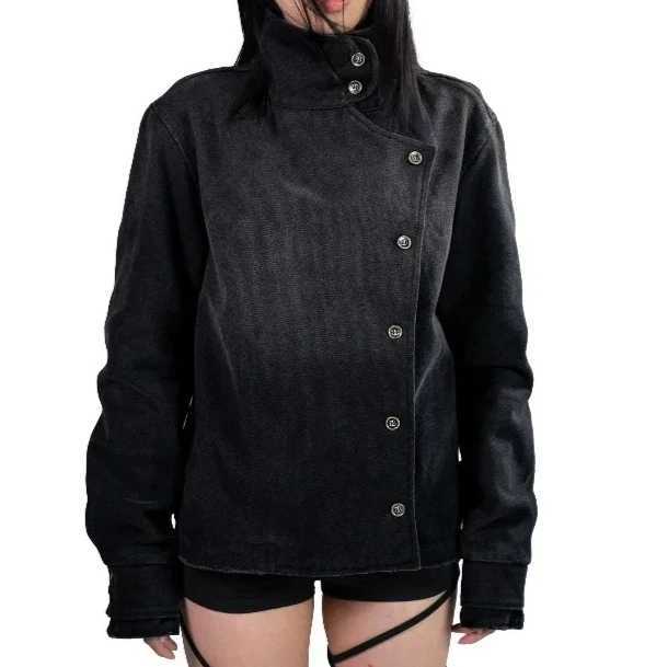 Y2K Black White Fencing Jacket Bakastroll High Neck Loose Casual Denim Jacket High Street Men Women Hip Hop Fashion Clothing C260325