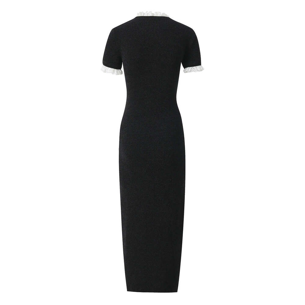 2026 Autumn Designer High end Black P Diamond Decorative Round s4 Neck Patch Knitted Tight Short Sleeve Women's Dress