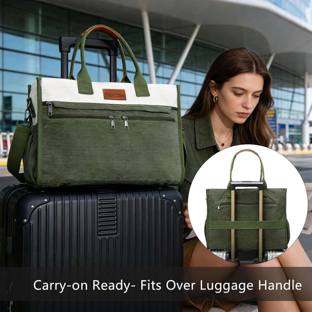 Corduroy Tote for Women 2Pcs Set, 14-Pocket Lightweight Laptop Work Tote, Teacher & College Travel Crossbody Bag