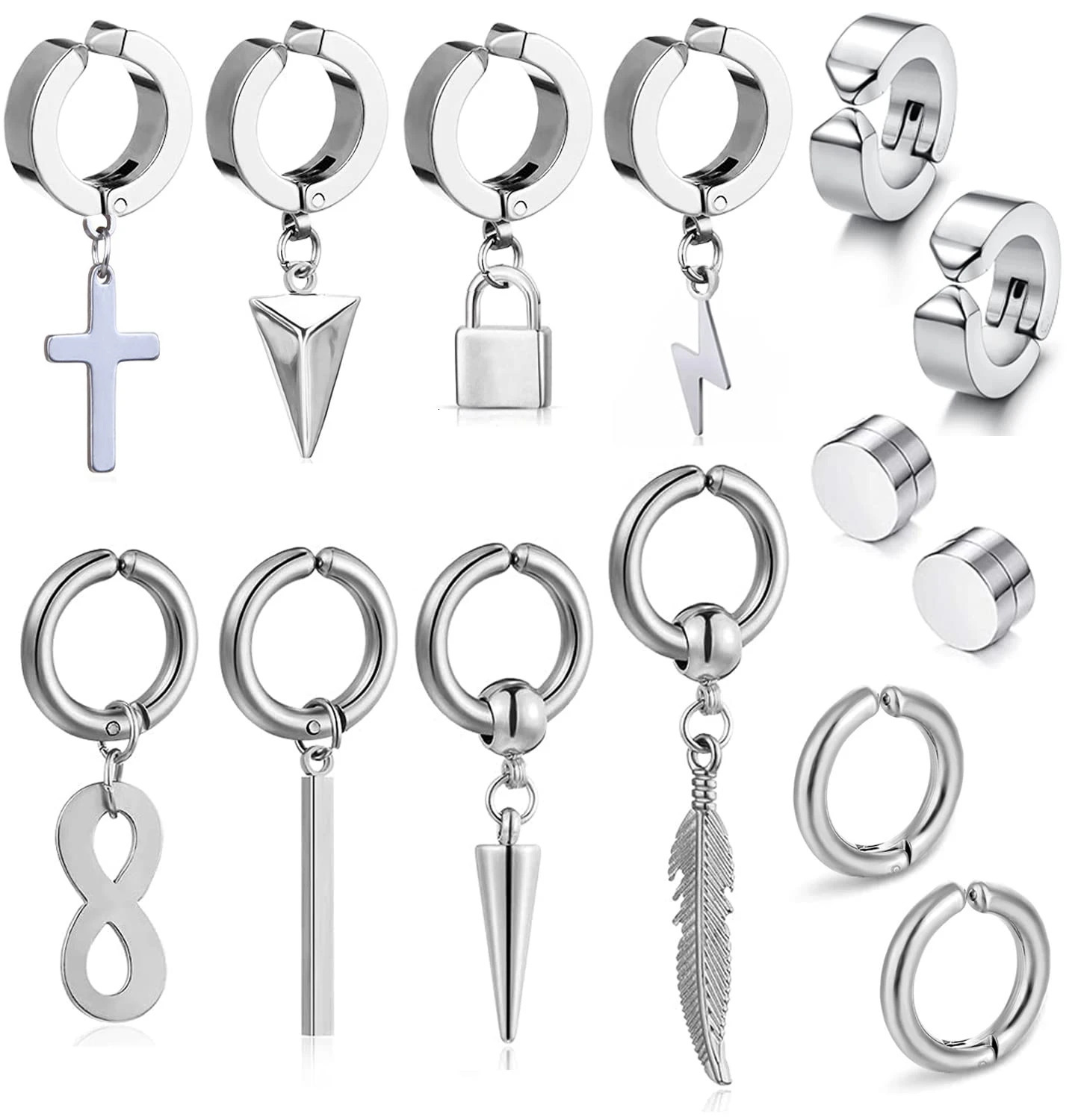 2-14 Pieces Clip on Earrings for Men Women Stainless Steel Fake Cross Dangle Earrings Silver Clip on Fake Earring Set 260324