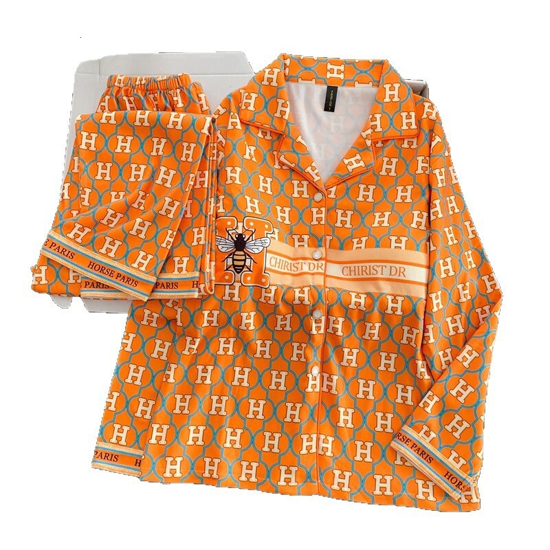 Pajamas Set Women Derong Autumn Winter Thickened Warm With Chest Pads Long Sleeve Long Pants Homewear Two Piece Set Orange Korean Style