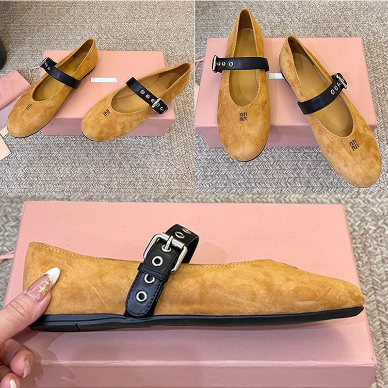 womens 5F625 adjustable buckle Suede ballerinas lady soft suede comfortable Mary Jane shoes Women Minimalist Ruches suede ballerinas size 35 42