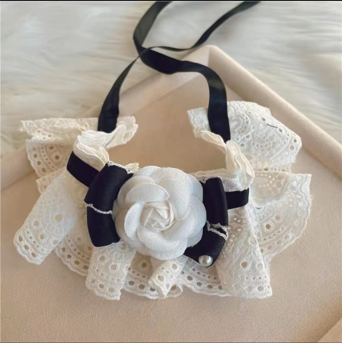 Pet Collar Bib Drool Towel Scarf Lace Bow Tie Collar Soft Decorative For Large Medium Small Dogs And Cats with White Camellia