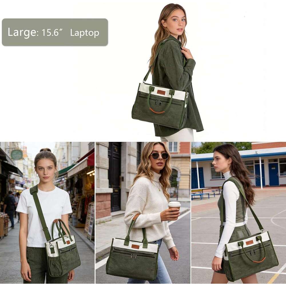 Corduroy Tote for Women 2Pcs Set, 14-Pocket Lightweight Laptop Work Tote, Teacher & College Travel Crossbody Bag