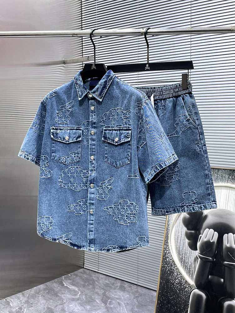 25ss High Quality Designer Artist Men's Casual Shirt Men's Short Sleeve Denim Shirt Pants Set Printed Pattern Dress Code Size M-XXXL