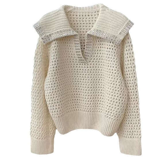 2026 Autumn New Designer French Style Young, Sweet, and Soft Collar Beaded Hollow Knitted k30 Women's Top