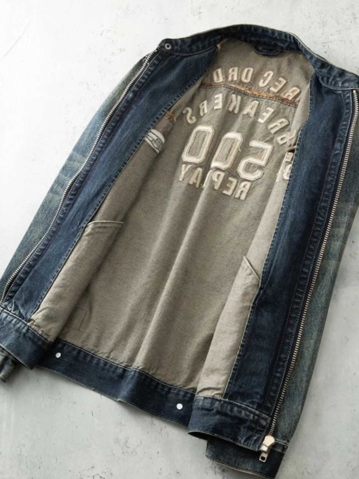 American Style Trendy Brand Mens Zipper Collar Denim Jacket Spring Autumn Slim Fit Embroidered Top Retro Casual Zipper Jacket C260325