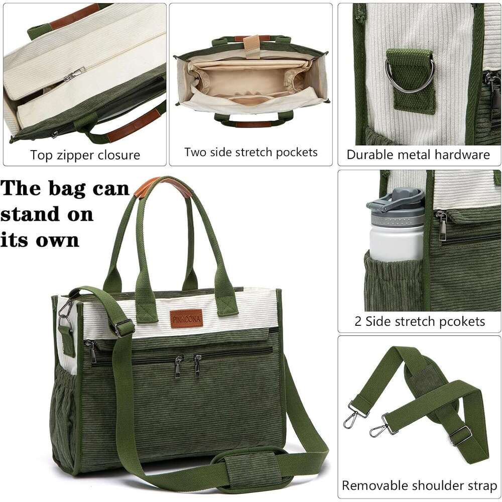 Corduroy Tote for Women 2Pcs Set, 14-Pocket Lightweight Laptop Work Tote, Teacher & College Travel Crossbody Bag