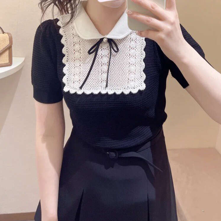 k30 2026 summer new designer doll collar lace hollow out loose and elegant short sleeved knitted top