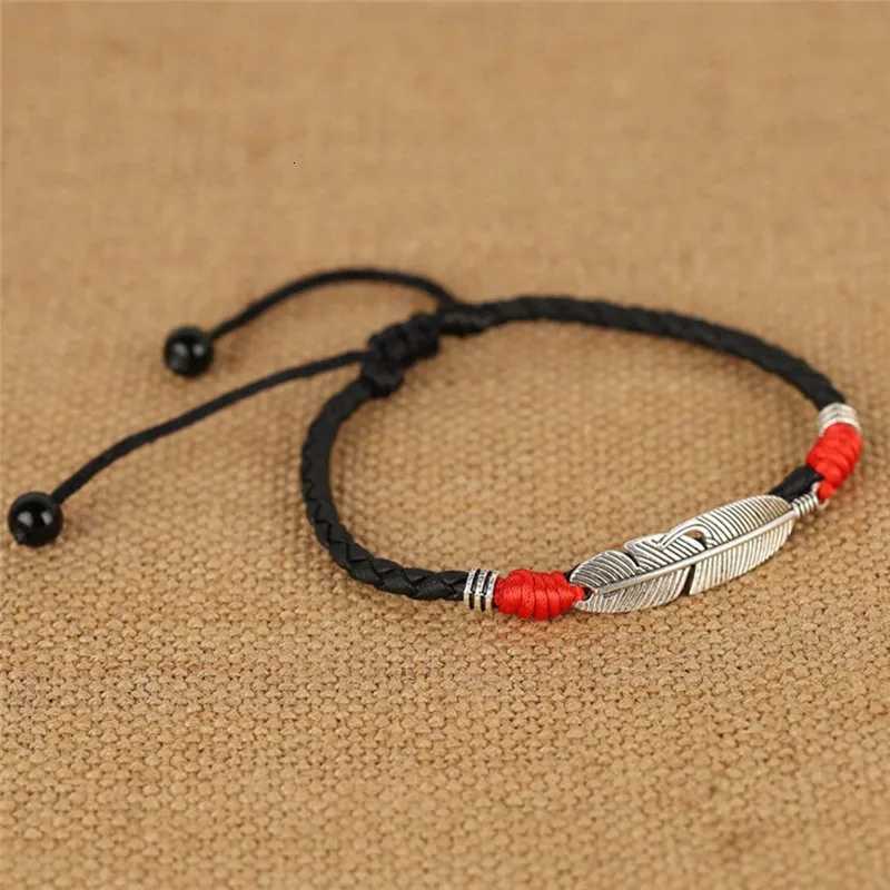 Leather Rope Lucky Anklet For Men Women Couple Handmade Feather Leaf Charm Foot Barefoot Sandal Beach Chain Jewelry H260325 - view 5