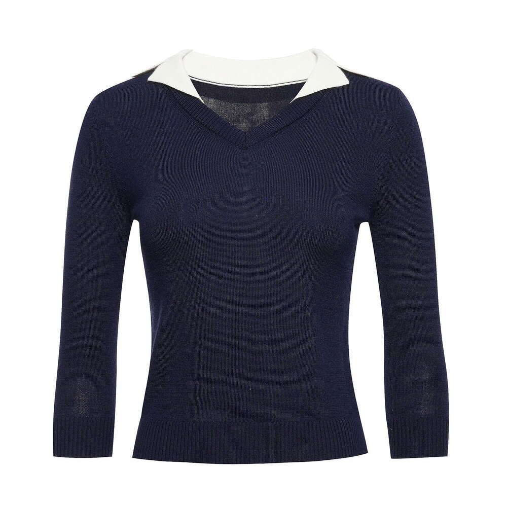 2026 Autumn New Designer Retro University Collar Color blocked k30 Fake Two Piece Knitted Women's Sweater Set