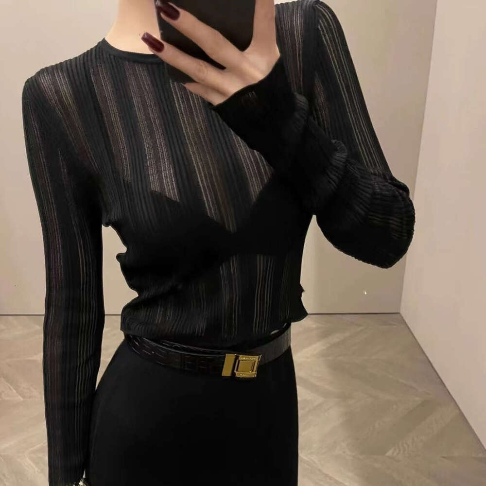 Lazy style hollow short s4 style 2026 autumn niche design thin transparent shirt ribbed elastic elegant shirt