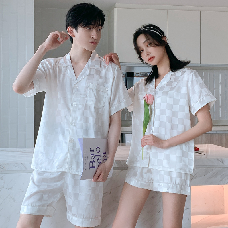 Pajamas Set White Checkerboard Couple Style Ice Silk Short Sleeve Shorts Summer Spring Autumn Soft Comfortable Homewear For Women And Men