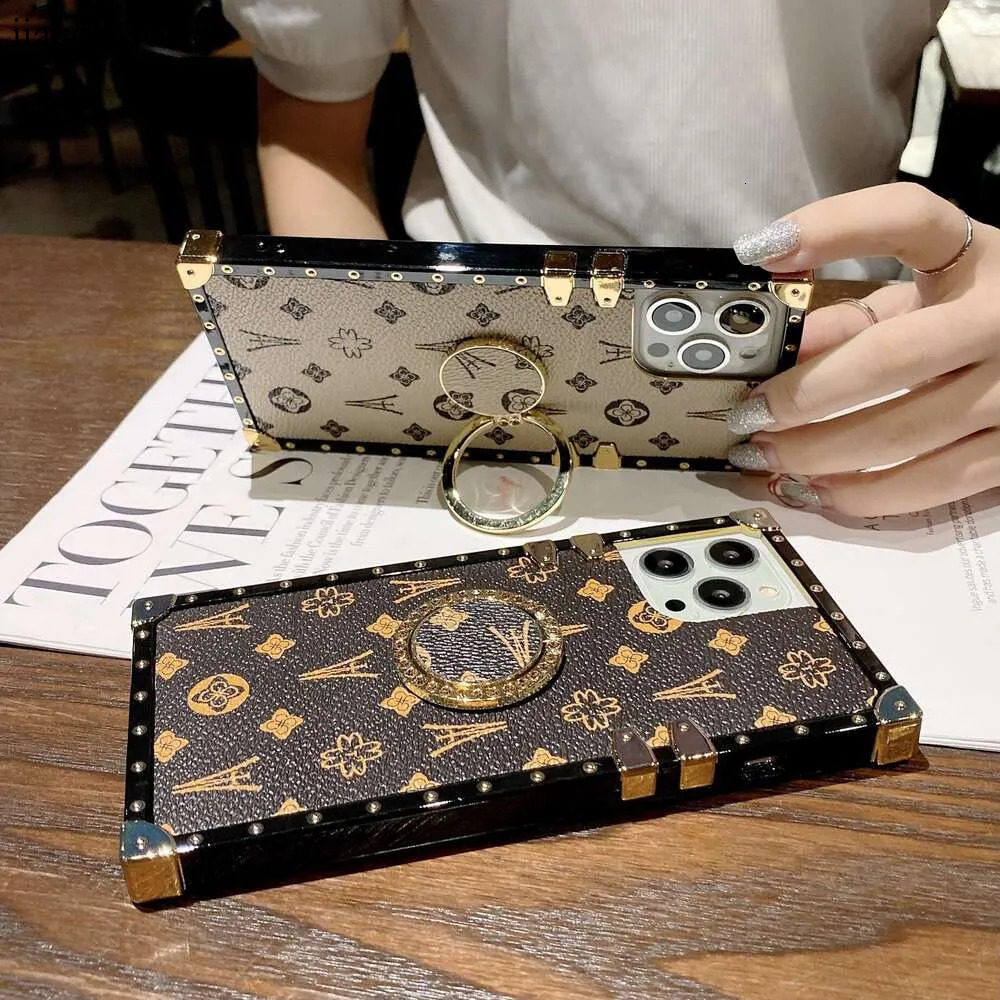 Designer Phone Case, Square Leather Texture Gold Metal Frame Ring Stand, Compatible with iPhone 17 Pro Max/16/15/14 Plus & Samsung S25 Ultra