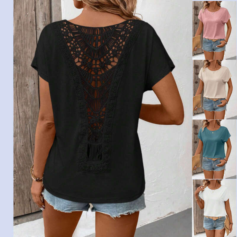 2026 Spring and Summer New European and American Designer Lace s4 Patch Short Sleeve Women's T-shirt