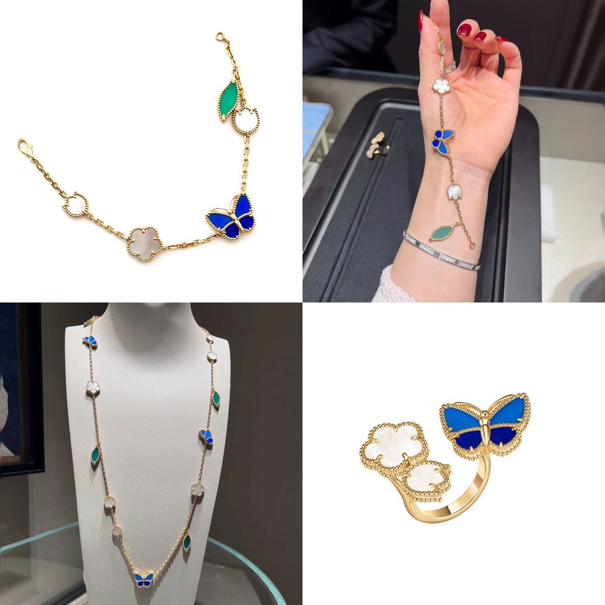 designer ring blue butterfly necklace clover bracelet jewelry woman Vintage elegant jewelry set charm woman bracelet designer gold clover necklace woman braclet