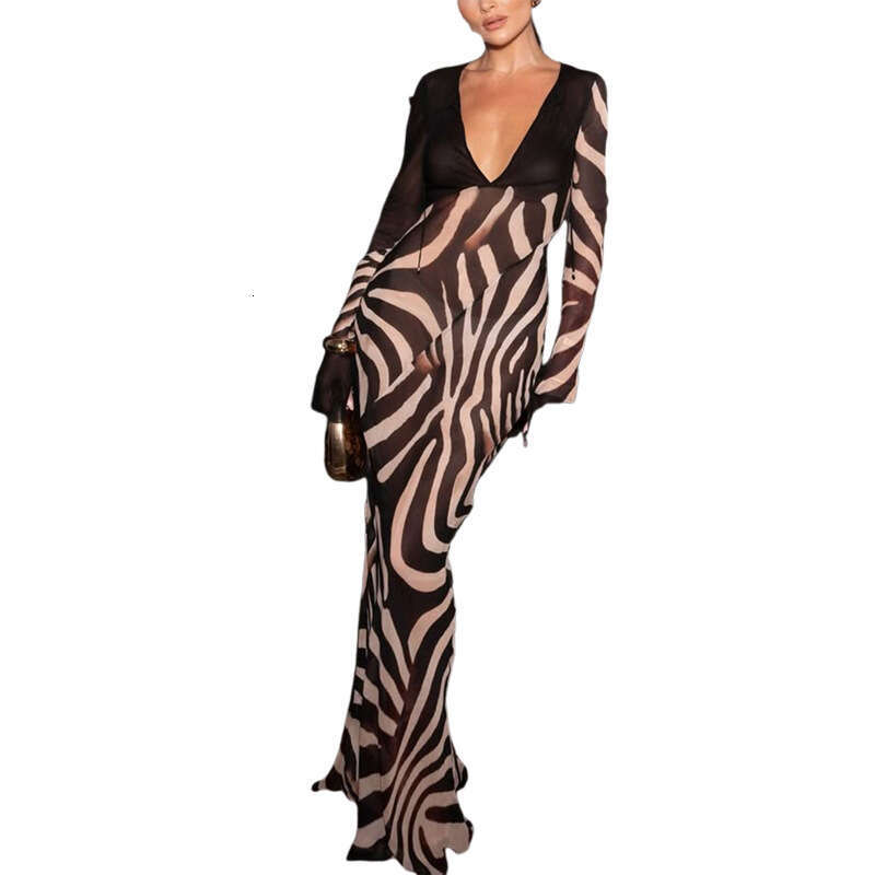 Summer New Women's Clothing Fashion Color Block Print Sexy V-Neck Mesh Long Sleeve Dress